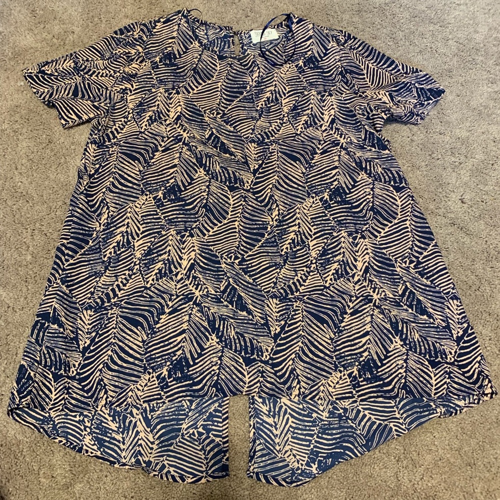 Navy and Pink Palm Leaf Print Blouse
